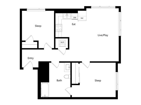 A floor plan of a house with a sleeping area, a living/play area, a bathroom, and an entry point.
